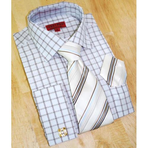Jean Paul White/Brown Checked Shirt/Tie/Hanky Set JPS-18